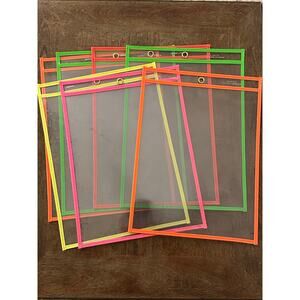 Set of 7 Dry Erase Pockets – Mixed Colors – Used – Reusable Classroom Sleeves